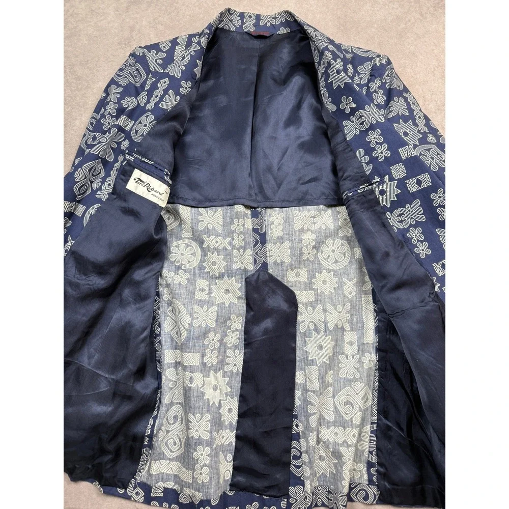 VTG Tori Richard Honolulu Indigo Blue Tribal Print Cotton Blazer Jacket N/S HK